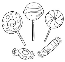 Cartoon graphic black and white big round sweet lollipop candy with dots. Isolated on white background. Halloween vector icon set.