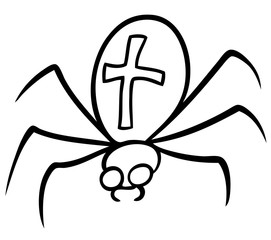 Cartoon graphic black and white funny halloween spider with cross. Isolated on white background. Vector icon.