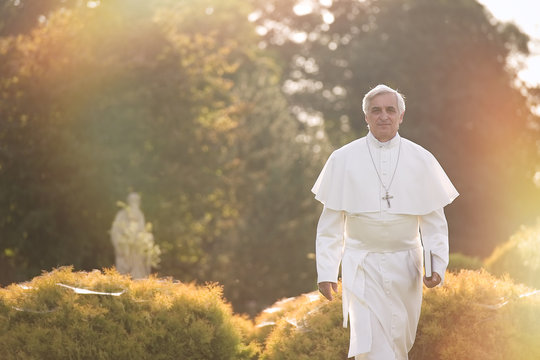 Pope walks at the end of the day in the garden      