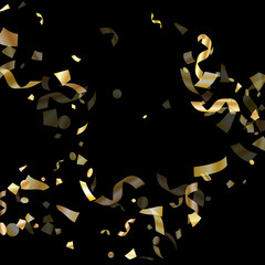 Holiday realistic gold confetti flying on black background.