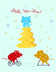 Christmas mice on a bike and scooter. Cat sits on a Christmas tree