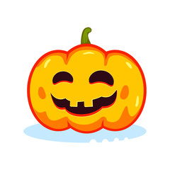 The head pumpkin with a carved smile and eyes. A fun symbol of Halloween. Vector illustration for design sticker, banner, invitation, cover, poster, print for autumn holiday.