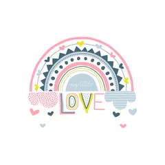 Selbstklebende Fototapeten Love handwritten vector lettering. Abstract rainbow color flat illustration. Heart shaped raindrops, textured cloud, rainbow and text. Cartoon scribble, heart drops drawing and freehand optimistic © AngellozOlga
