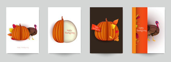 Set background for covers, invitations, posters, banners, flyers, placards. Minimal template design for branding, advertising with thanksgiving day composition in papercut style. Vector illustration.