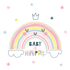 Baby is happy handwritten vector lettering. Cute kawaii princess rainbow color flat illustration. Stars, linear cloud, rainbow and text. Cartoon scribble, circle drops drawing and freehand optimistic