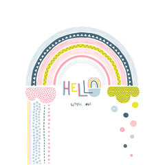 Hello little one handwritten vector lettering. Abstract decorative rainbow color flat illustration. Dotty round raindrops, textured cloud, bow and text. Cartoon scribble, circle drops drawing and