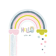  Hello little one handwritten vector lettering. Abstract decorative rainbow color flat illustration. Dotty round raindrops, textured cloud, bow and text. Cartoon scribble, circle drops drawing and © AngellozOlga