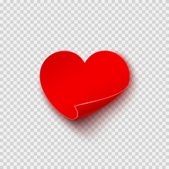 Paper sticker in heart shape with shadow isolated on transparent background. Vector empty note template for Happy Valentines Day design.