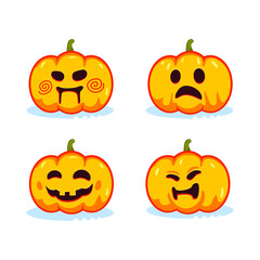 Collection of pumpkin heads with different emotions for Halloween decoration. Vector illustration. Cute and scary symbols of the autumn holiday.