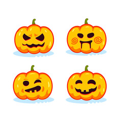 Collection of pumpkin heads for Halloween. Different emotions, angry, smiling, winking, cute. Vector illustration
