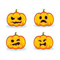 Collection of pumpkin heads for Halloween. Different emotions, angry, smiling, winking, cute. Vector illustration