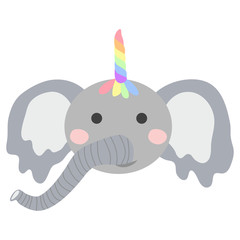 Hand draw illustration of a cute funny elephant with a unicorn horn. Scandinavian style flat design. Concept for children print.