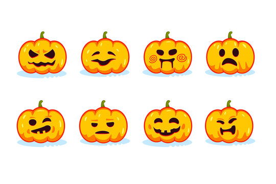 Collection of pumpkin heads on white background. Vector image for stickers, decoration for invitations, posters, print.
