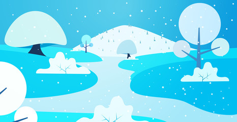 Fototapeta na wymiar Winter panoramic landscape background with trees, hills and river in flat colorful style. Cartoon vector horizontal illustration. Seasonal concept for design banner, card.