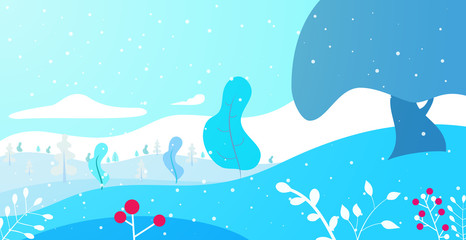 Winter panoramic landscape background with snow, trees and hills in flat colorful style. Cartoon vector horizontal illustration. Seasonal concept for design banner, card.