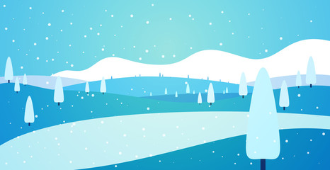 Winter panoramic landscape background with trees, hills and river in flat colorful style. Cartoon vector horizontal illustration. Seasonal concept for design banner, card.