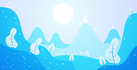 Winter panoramic landscape background with snow, trees and hills in flat colorful style. Cartoon vector horizontal illustration. Seasonal concept for design banner, card.