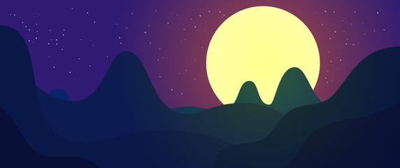 Beautiful night landscape panoramic composition with big moon, treers and hills. Vector fairy illustration in flat colorful style. Horisontal nature background.