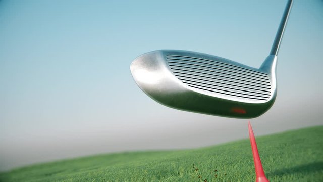 Golf club hits a golf ball in a slow motion. Close up view of a golf ball on tee being hit by a golf club. 4k realistic 3D animation. ProRes