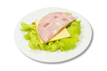 Tasty sandwich. slices of fresh bread with dried pork ham, green salad leaves on white plate. isolated on white