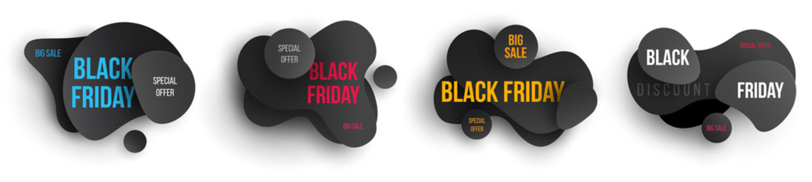 Black friday sale concept. Set of composition for branding banner, label, sticker, flyer, card in 3d paper cut style. Design promotion shop or market. Vector illustration isolated on white background.