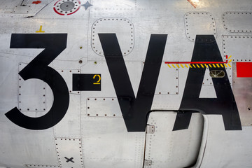 Old vintage airplane fuselage closeup view