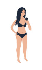 Slim girl in swimsuit doing selfie