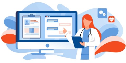 Patient consultation to the doctor via computer, phone. Online medical support. Online doctor. Healthcare services, Ask a doctor. Family Therapist with stethoscope. Medical file and chat on screen