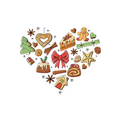 Heart made of different christmas winter desserts, sweets and food.