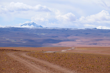 Fototapeta na wymiar A road in the Landscape of the Bolivian highlands. Desert landscape of the Andean plateau of Bolivia with the peaks of the snow-capped volcanoes of the Andes