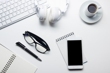 Office desk table with supplies. Flat lay Business workplace and objects. Top view. Copy space for text