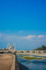 Sabanci Central Mosque in Adana with Seyhan River and Trees. 