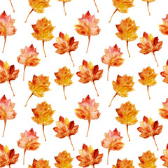 Watercolor illustration. Seamless pattern of hand-drawn leaf on the white background.