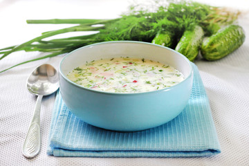 Okroshka - traditional Russian cold soup with fresh cucumber, boiled eggs and dill