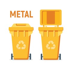 Yellow recycle garbage bin for metal. For Illustration, banner, Icons and recycle related activities. Separation of waste cans for recycling, reuse, reduce. Waste management concept.