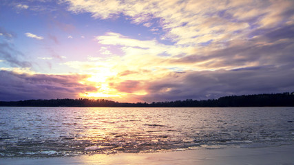first ice on the lake in late autumn. Winter Coming Landscape