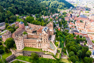 Aerial view, Heidelberg Castle and Old Town of Heidelberg with Neckar, Baden-Wuerttemberg, Germany, - obrazy, fototapety, plakaty