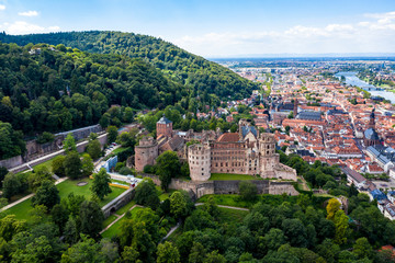 Fototapeta na wymiar Aerial view, Heidelberg Castle and Old Town of Heidelberg with Neckar, Baden-Wuerttemberg, Germany,