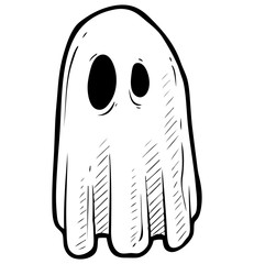 Cartoon funny graphic black and white hand drawn ghost monster with spooky face. Isolated on white background. Halloween vector icon.