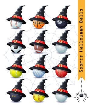 Collection of 12 different Halloween sports balls with a Witch hat for your creative work. Vector illustration.