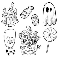 Cartoon halloween graphic black and white hand drawn monsters and objects. Ghost and cauldron. Candle and zombie finger. Skull and lollipop. Isolated on white background. Halloween vector icon set.