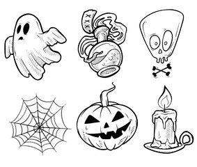 Cartoon halloween graphic black and white hand drawn monsters and objects. Ghost and cobweb. Candle and pumpkin. Poison and candle. Isolated on white background. Halloween vector icon set.