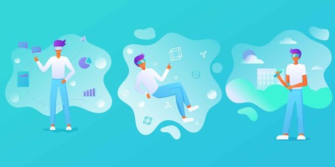 Business man using virtual reality glasses and touching vr interface, data analysis. Into virtual reality world. Future technology. Landing page, banner, infographic template. Guy wearing VR headset