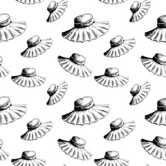 Hat pattern. Hand drawn women's straw hats in sketch style on transparent background. Seamless backdrop.