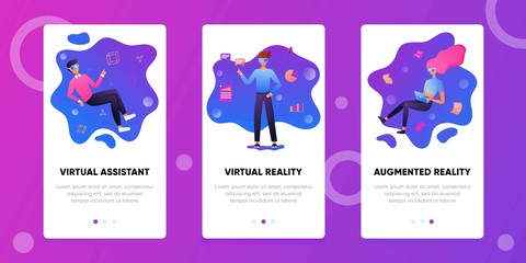 Woman and man wear virtual reality digital glasses are working in a virtual environment. People interacting with charts and analysing statistics. Virtual augmented reality. For banner, landing page