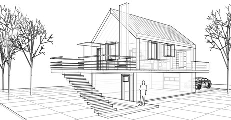  modern house sketch 3d illustration