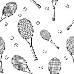 Tennis background. Seamless pattern of hand-drawn black sketch style tennis racquet with tennis balls on white background.