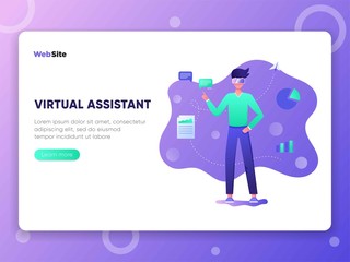 Business man using virtual reality glasses and touching vr interface, data analysis. Into virtual reality world. Future technology. Landing page, banner, infographic template. Guy wearing VR headset