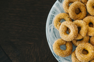 plate of sweet salted cookies on wooden floor.