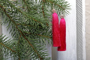 Pink tassel earrings hang on a spruce branch. Against the background of a white wooden box.